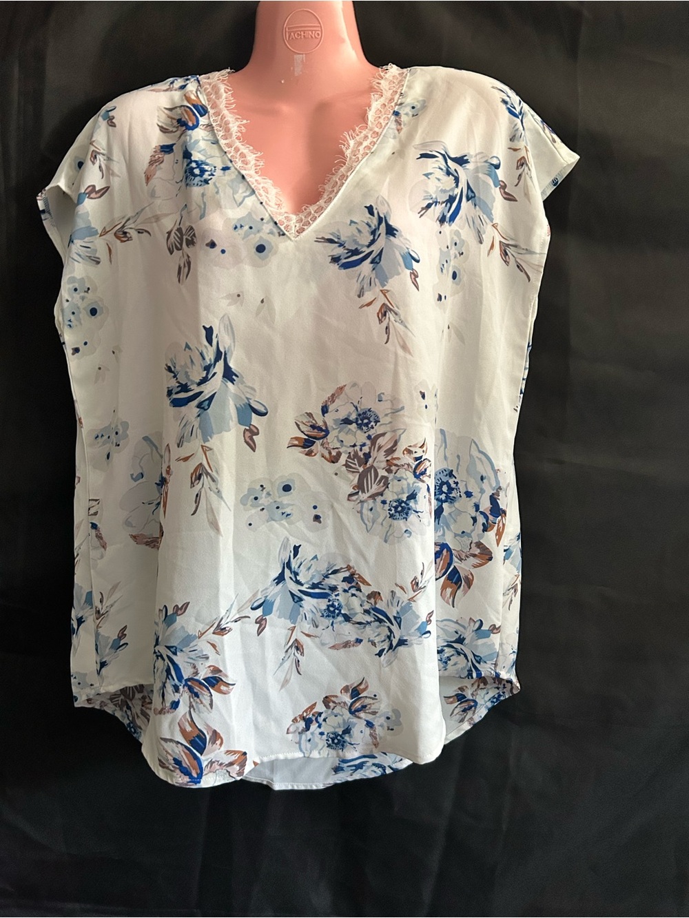 SHEIN Floral Lace-Trim V-Neck Blouse in White & Blue LG